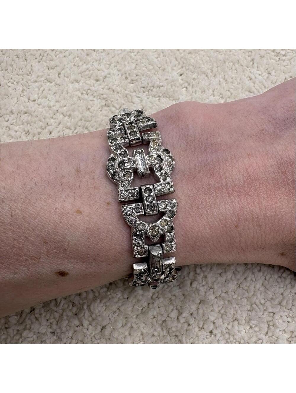 Vintage Art Deco Clear Rhinestone Panel Bracelet Silver Tone Geometric Link